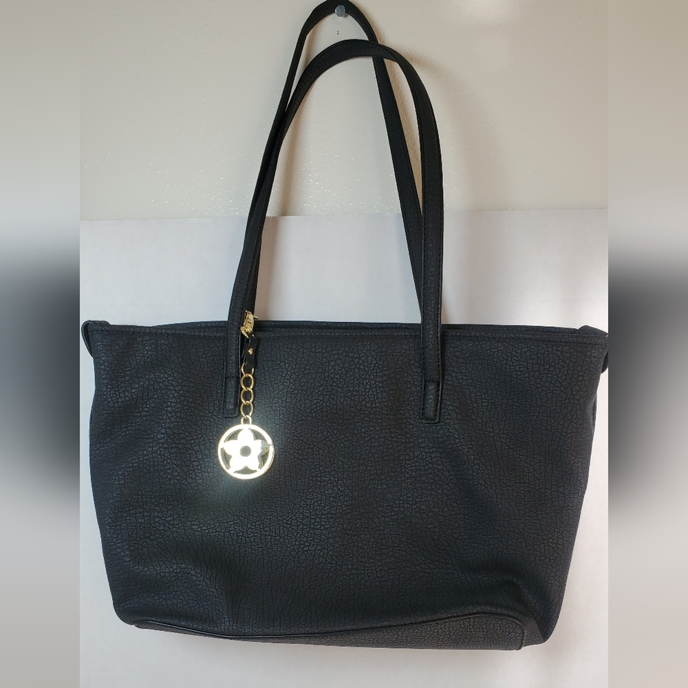 Bueno Black Faux Leather Tote Bag Gold Chain Charm Large Purse Shoulder Bag